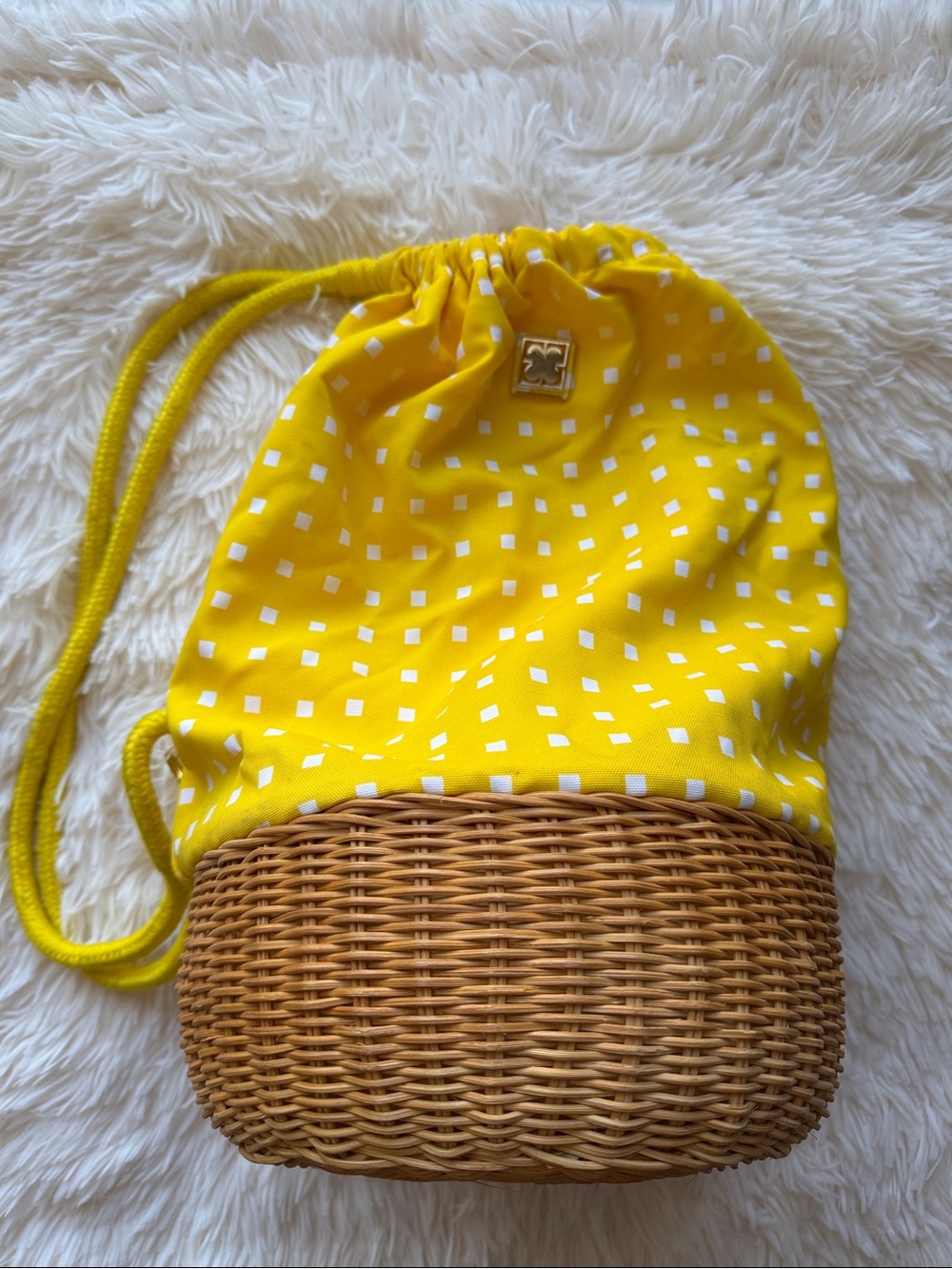Yellow Liz Claiborne Drawstring Basket Bag with White Square Print